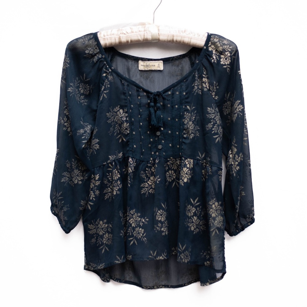 Vtg Y2K Abecrombie & Fitch Baby Doll Top XS‎ Blue Floral Boho Whimsigoth Sheer